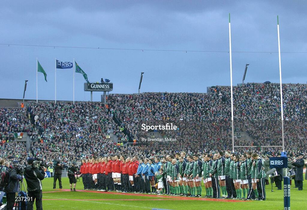 24 February 2007; The Ireland and England teams stand for the national anthems before the game. RBS Six Nations Rugby Championship, Ireland v England, Croke Park, Dublin. Picture Credit: Brendan Moran / SPORTSFILE