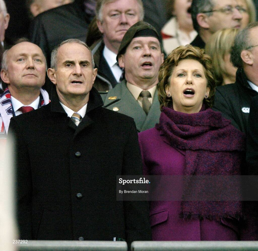 24 February 2007; President Mary McAleese, along with her husband Martin McAleese, stand for the national anthems before the game. RBS Six Nations Rugby Championship, Ireland v England, Croke Park, Dublin. Picture Credit: Brendan Moran / SPORTSFILE