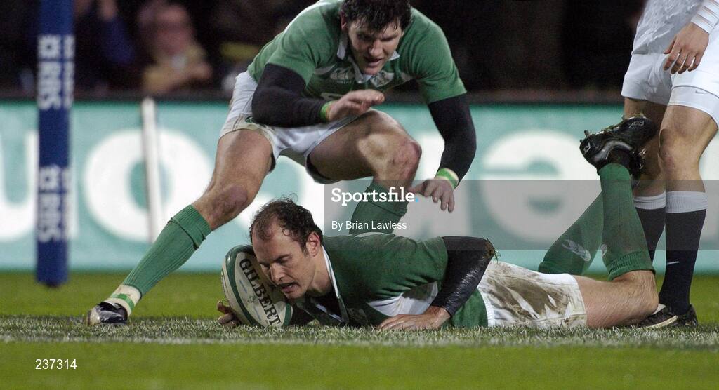 24 February 2007; Ireland's Girvan Dempsey goes over for his side's first try as team-mate Shane Horgan celebrates. RBS Six Nations Rugby Championship, Ireland v England, Croke Park, Dublin. Picture Credit: Brian Lawless / SPORTSFILE