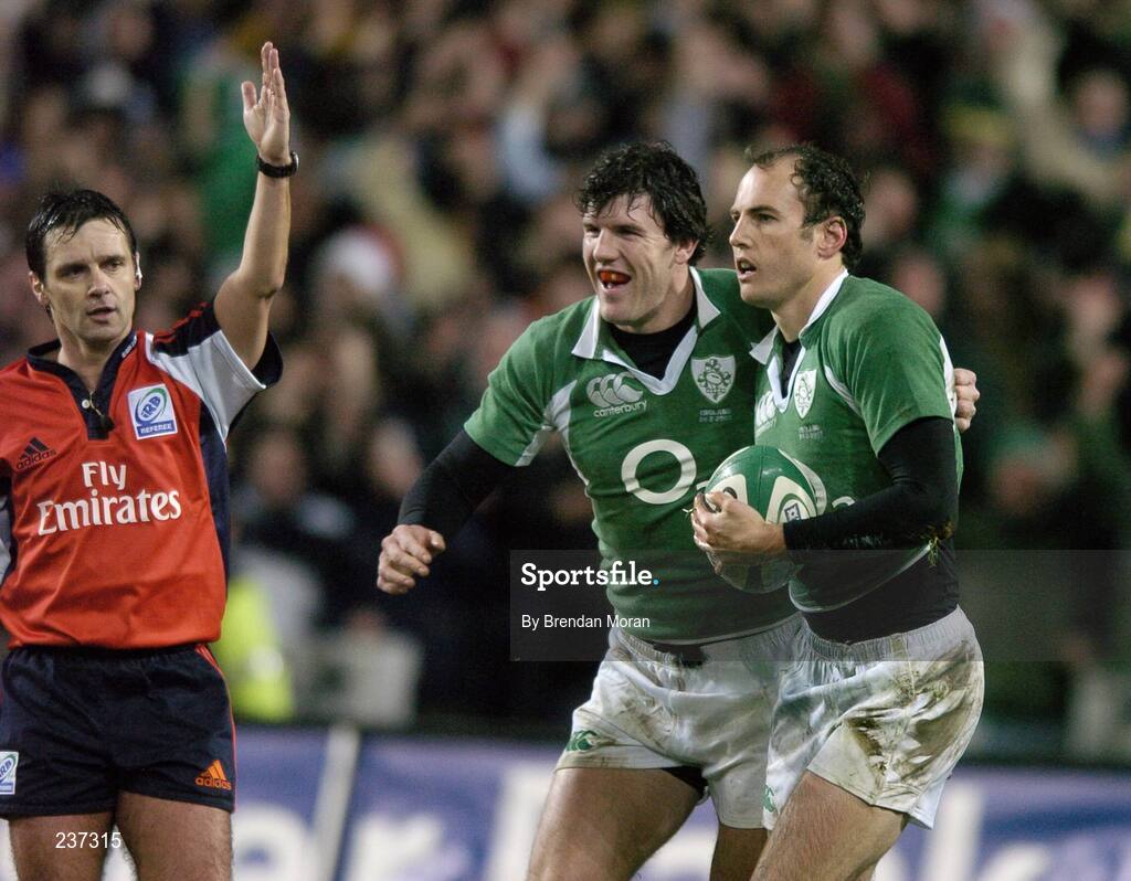 24 February 2007; Ireland's Girvan Dempsey is congratulated after scoring his side's first try by team-mate Shane Horgan. RBS Six Nations Rugby Championship, Ireland v England, Croke Park, Dublin. Picture Credit: Brendan Moran / SPORTSFILE
