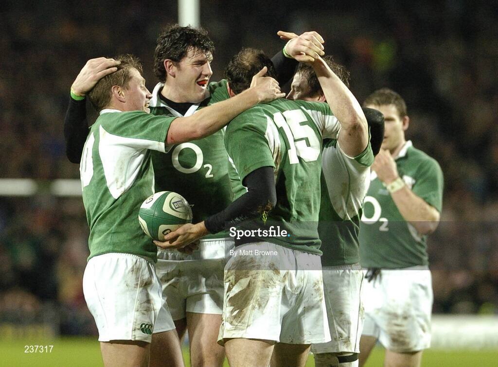 24 February 2007; Ireland's Girvan Dempsey, 15, celebrates his try  with team-mates Ronan O'Gara, Shane Horgan and Brian O'Driscoll. RBS Six Nations Rugby Championship, Ireland v England, Croke Park, Dublin. Picture Credit: Matt Browne / SPORTSFILE