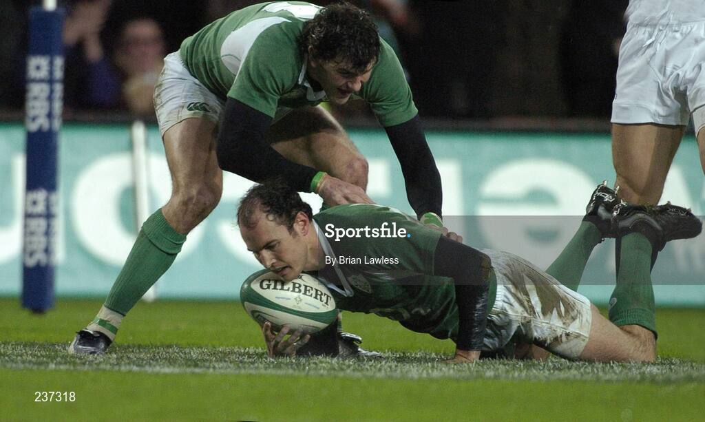 24 February 2007; Ireland's Girvan Dempsey is congratulated by team-mate Shane Horgan after scoring his side's first try. RBS Six Nations Rugby Championship, Ireland v England, Croke Park, Dublin. Picture Credit: Brian Lawless / SPORTSFILE