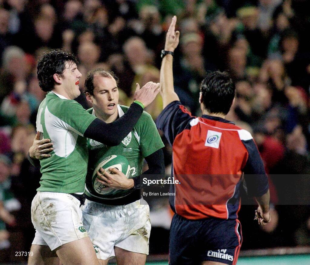 24 February 2007; Ireland's Girvan Dempsey is congratulated by team-mate Shane Horgan after scoring his side's first try. RBS Six Nations Rugby Championship, Ireland v England, Croke Park, Dublin. Picture Credit: Brian Lawless / SPORTSFILE