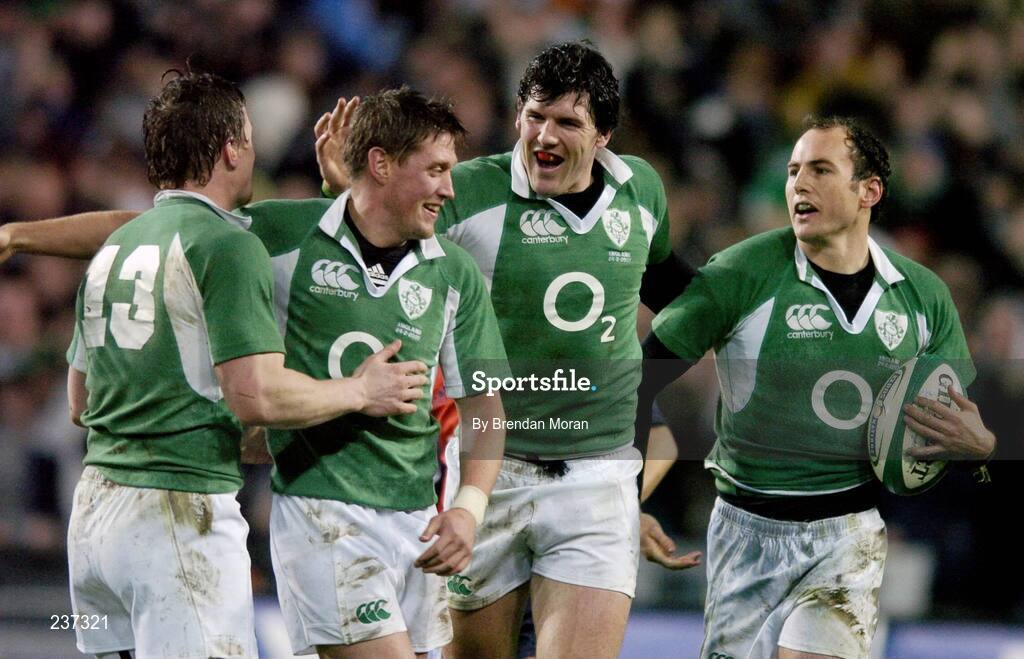 24 February 2007; Ireland players, from left, Brian O'Driscoll Ronan O'Gara, Shane Horgan and Girvan Dempsey after Dempsey scored their side's first try. RBS Six Nations Rugby Championship, Ireland v England, Croke Park, Dublin. Picture Credit: Brendan Moran / SPORTSFILE