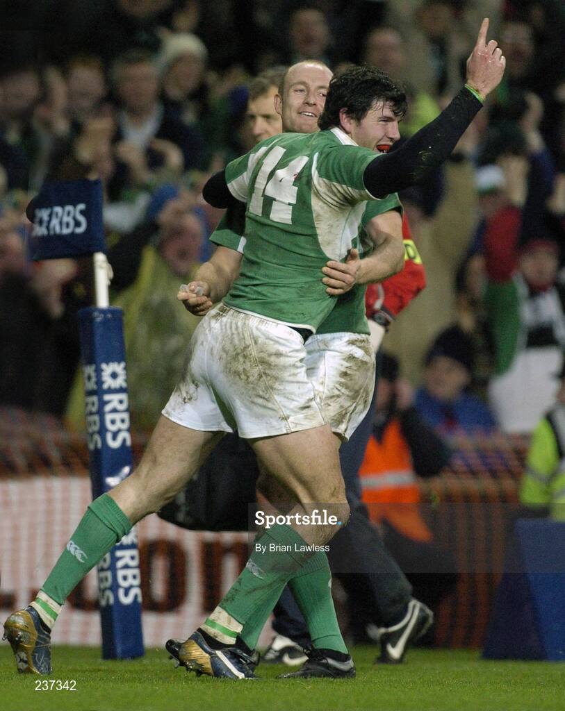24 February 2007; Shane Horgan, Ireland, celebrates with team-mate Denis Hickie after scoring his side's third try. RBS Six Nations Rugby Championship, Ireland v England, Croke Park, Dublin. Picture Credit: Brian Lawless / SPORTSFILE