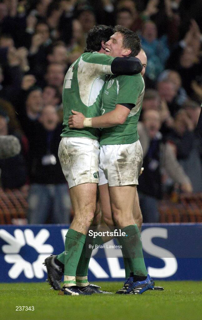 24 February 2007; Shane Horgan, Ireland, celebrates with team-mate Ronan O'Gara after scoring his side's third try. RBS Six Nations Rugby Championship, Ireland v England, Croke Park, Dublin. Picture Credit: Brian Lawless / SPORTSFILE