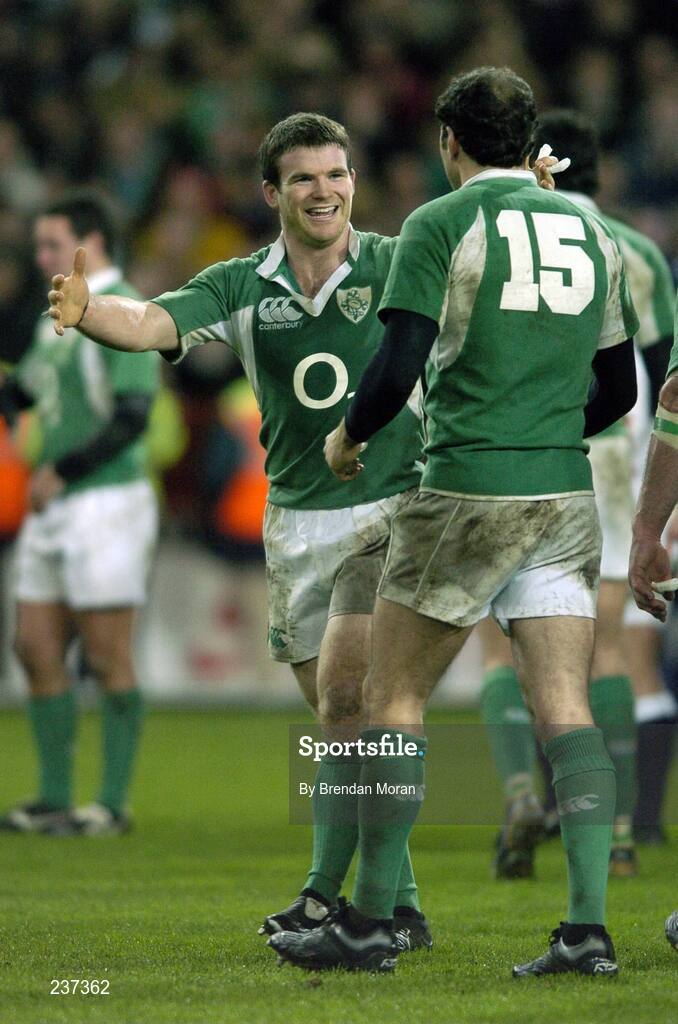 24 February 2007; Ireland's Gordon D'Arcy, left, and Girvan Dempsey celebrate at the final whistle after victory over England. RBS Six Nations Rugby Championship, Ireland v England, Croke Park, Dublin. Picture Credit: Brendan Moran / SPORTSFILE