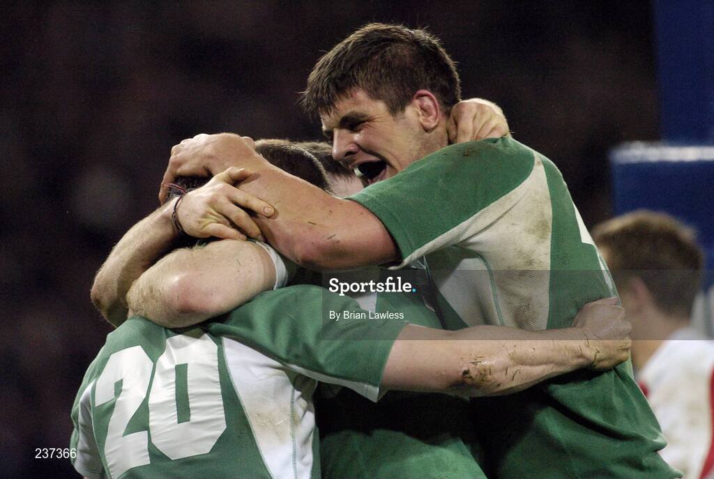 24 February 2007; Ireland's Isaac Boss (20) is congratulated by team-mates including Donncha O'Callaghan, right, after scoring his side's fourth try. RBS Six Nations Rugby Championship, Ireland v England, Croke Park, Dublin. Picture Credit: Brian Lawless / SPORTSFILE