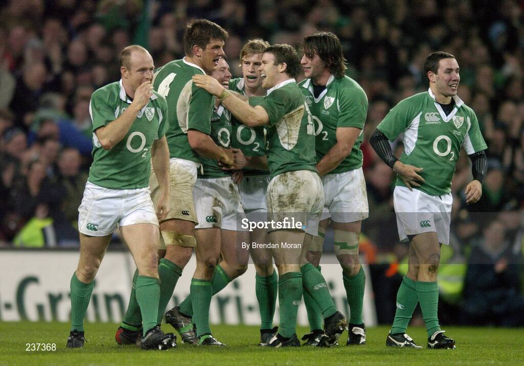 24 February 2007; Ireland players, from left, Denis Hickie, Donncha O'Callaghan, Isaac Boss, Andrew Trimble, Gordon D'Arcy, Neil Best and Paddy Wallace celebrate after Boss scored their side's fourth try. RBS Six Nations Rugby Championship, Ireland v England, Croke Park, Dublin. Picture Credit: Brendan Moran / SPORTSFILE