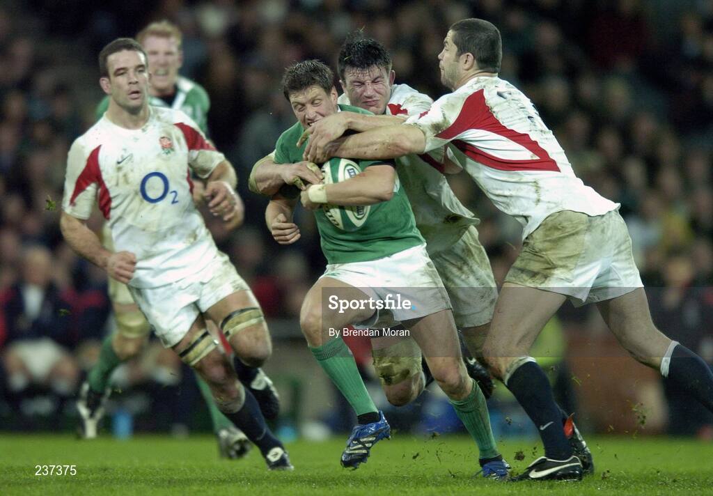 24 February 2007; Ronan O'Gara, Ireland, is tackled by Martin Corry and Andy Farrell, England. RBS Six Nations Rugby Championship, Ireland v England, Croke Park, Dublin. Picture Credit: Brendan Moran / SPORTSFILE