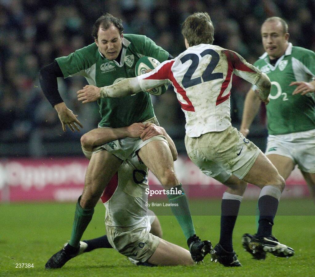 24 February 2007; Girvan Dempsey, Ireland, is tackled by Mike Tindall, left, and Mathew Tait, England. RBS Six Nations Rugby Championship, Ireland v England, Croke Park, Dublin. Picture Credit: Brian Lawless / SPORTSFILE