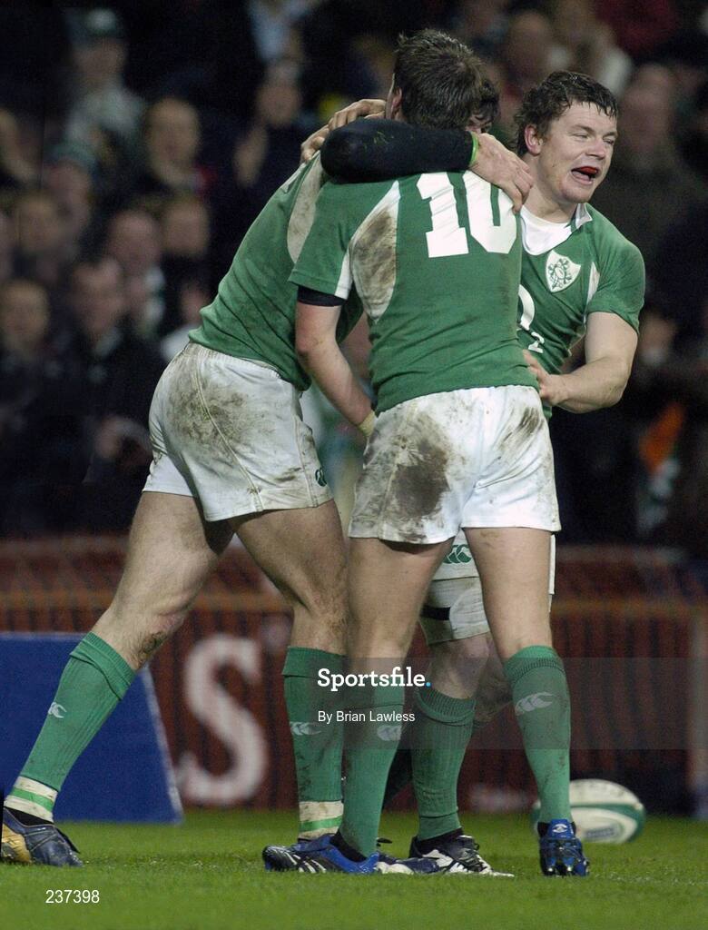 24 February 2007; Shane Horgan, left, Ireland, celebrates with team-mates Ronan O'Gara (10) and Brian O'Driscoll after scoring his side's third try. RBS Six Nations Rugby Championship, Ireland v England, Croke Park, Dublin. Picture Credit: Brian Lawless / SPORTSFILE