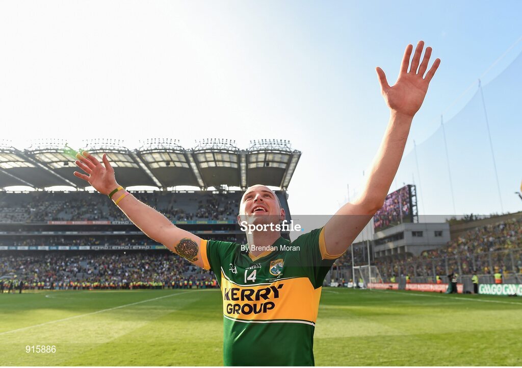21 September 2014; Kerry's Kieran Donaghy reacts to applause from supporters after the game. GAA Football All Ireland Senior Championship Final, Kerry v Donegal. Croke Park, Dublin. Picture credit: Brendan Moran / SPORTSFILE