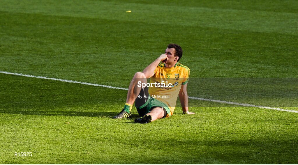 21 September 2014; Donegal corner back Éamonn McGee sits on the field during the presentation. GAA Football All Ireland Senior Championship Final, Kerry v Donegal. Croke Park, Dublin. Picture credit: Ray McManus / SPORTSFILE