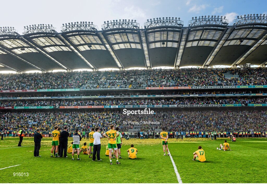 21 September 2014; Donegal players await the presentation of the Sam Maguire Cup to the Kerry. GAA Football All Ireland Senior Championship Final, Kerry v Donegal. Croke Park, Dublin. Picture credit: Piaras Ó Mídheach / SPORTSFILE