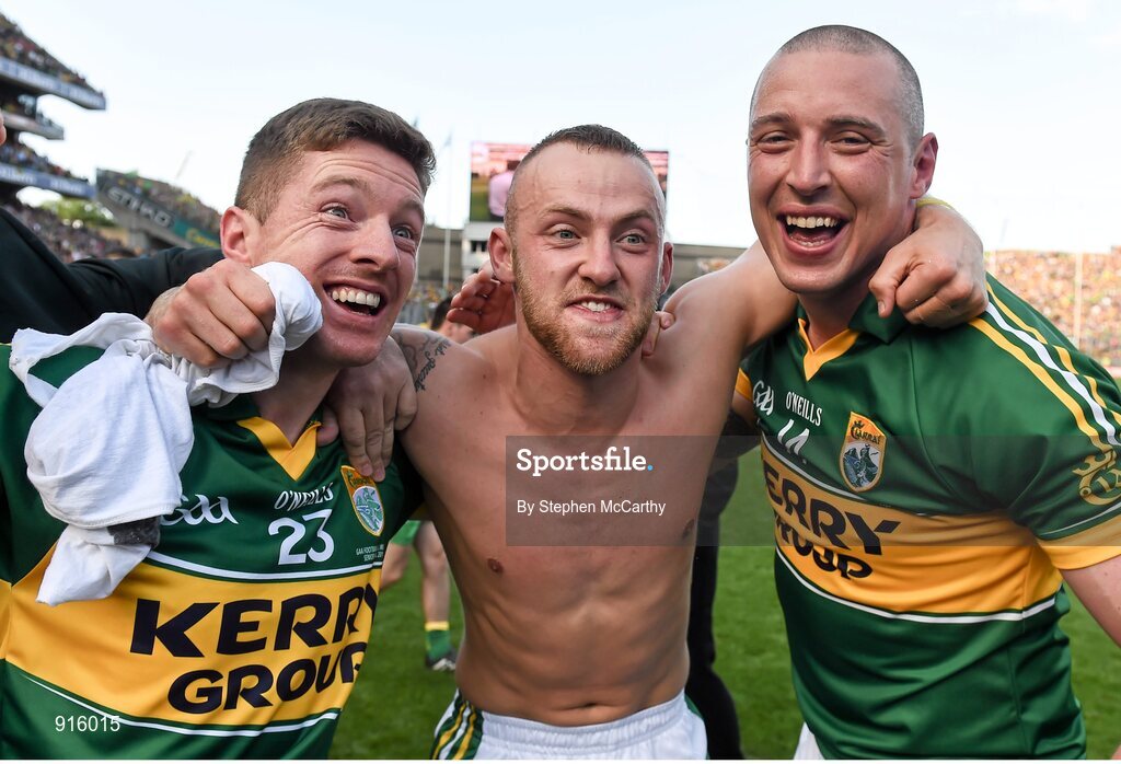 21 September 2014; Kerry players, from left, Kieran O'Leary, Barry John Keane and Kieran Donaghy celebrate their side's victory. GAA Football All Ireland Senior Championship Final, Kerry v Donegal. Croke Park, Dublin. Picture credit: Stephen McCarthy / SPORTSFILE