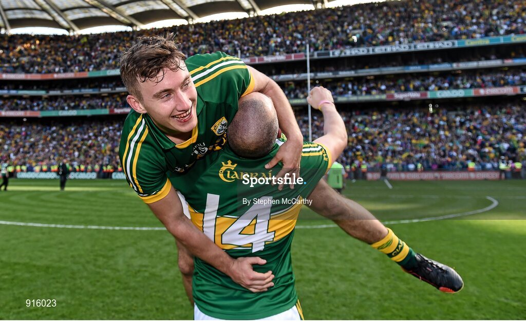 21 September 2014; James O'Donoghue, left, and Kieran Donaghy, Kerry, celebrate following their side's victory. GAA Football All Ireland Senior Championship Final, Kerry v Donegal. Croke Park, Dublin. Picture credit: Stephen McCarthy / SPORTSFILE