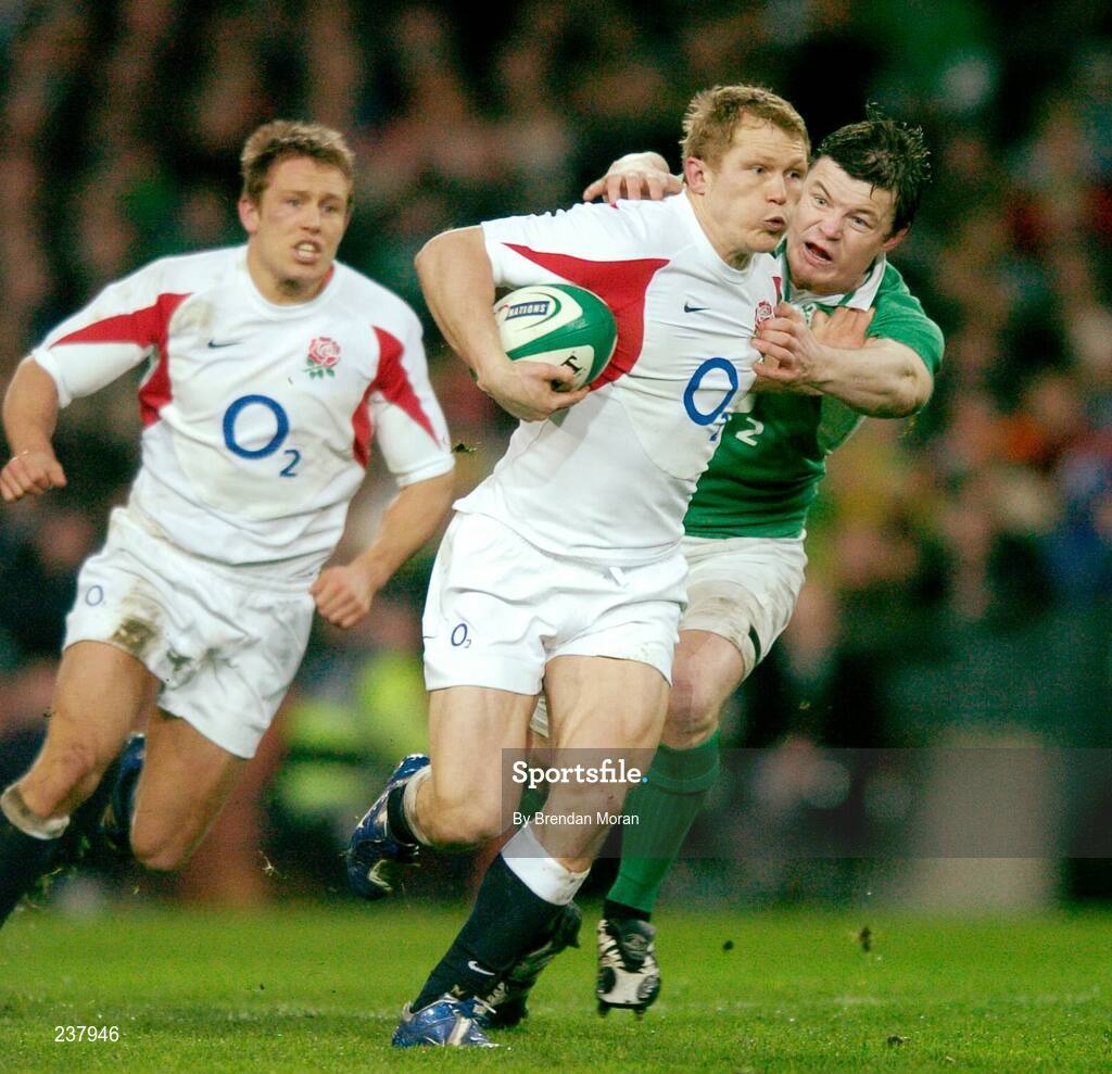 24 February 2007; Brian O'Driscoll, Ireland, tackles Josh Lewsey, England. RBS Six Nations Rugby Championship, Ireland v England, Croke Park, Dublin. Picture Credit: Brendan Moran / SPORTSFILE