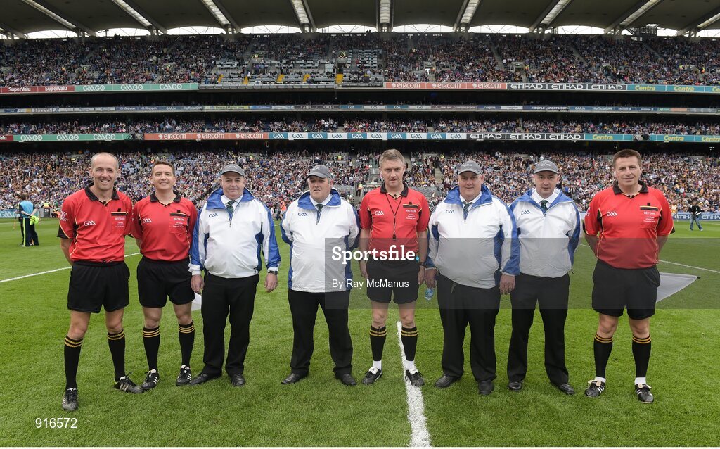 7 September 2014; Referee Barry Kelly, with match officials, Cathal McAllister, left, Colm Lyons, and Brian Gavin, right, the umpires SÃ©amus O'Brien, Michael Coyle, Paddy Walsh, and Paul Reville, before the game. GAA Hurling All Ireland Senior Championship Final, Kilkenny v Tipperary. Croke Park, Dublin. Picture credit: Ray McManus / SPORTSFILE