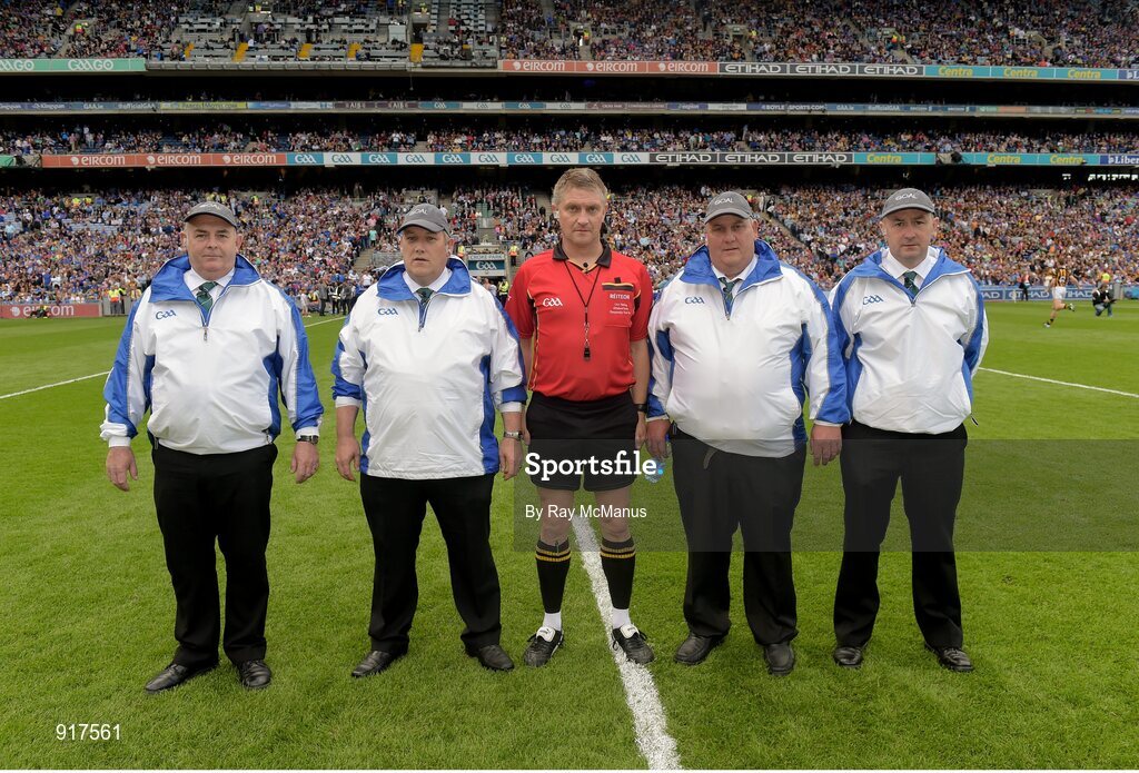 7 September 2014; Referee Barry Kelly with his umpires Séamus O'Brien, Michael Coyle, Paddy Walsh, and Paul Reville, before the game. GAA Hurling All Ireland Senior Championship Final, Kilkenny v Tipperary. Croke Park, Dublin. Picture credit: Ray McManus / SPORTSFILE