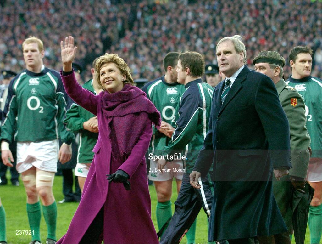 24 February 2007; President Mary McAleese waves to the crowd accompanied by Peter Boyle, President of the IRFU. RBS Six Nations Rugby Championship, Ireland v England, Croke Park, Dublin. Picture Credit: Brendan Moran / SPORTSFILE