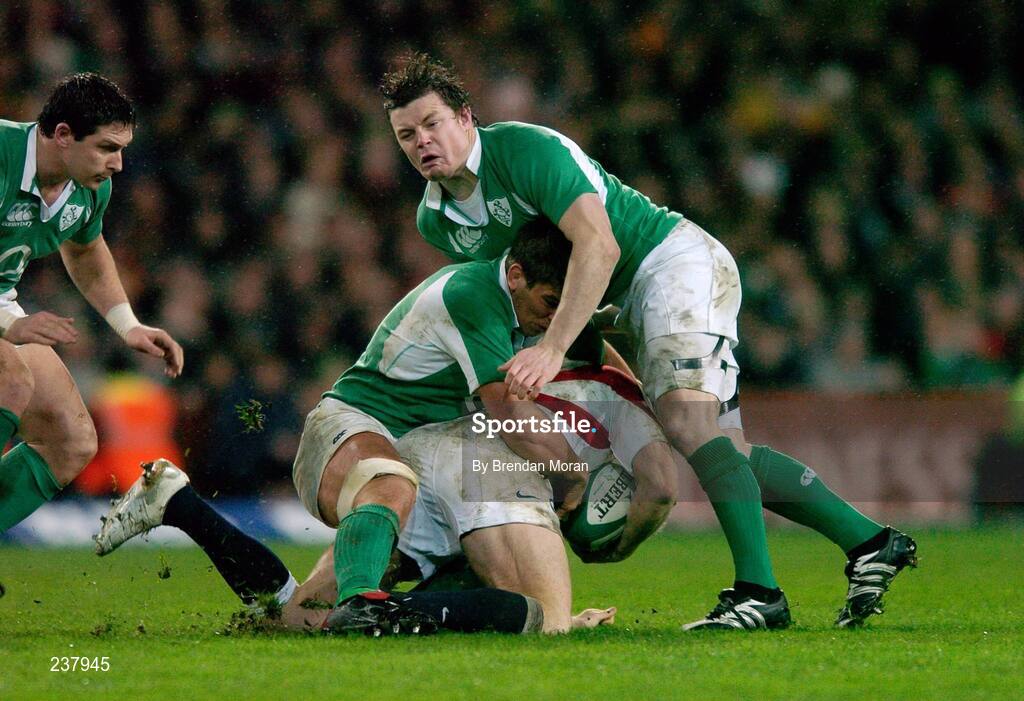 24 February 2007; Ireland players Donncha O'Callaghan and Brian O'Driscoll tackle Mike Tindall, England. RBS Six Nations Rugby Championship, Ireland v England, Croke Park, Dublin. Picture Credit: Brendan Moran / SPORTSFILE