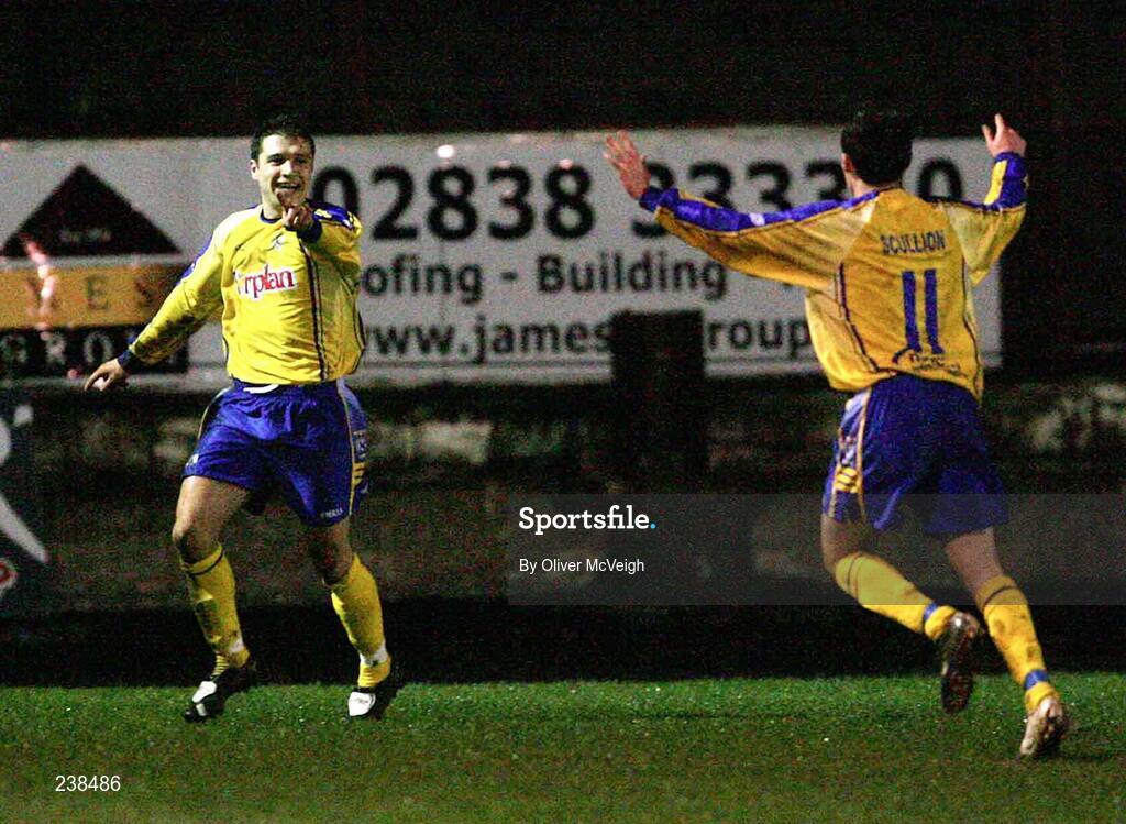 5 March 2007; Dungannon Swifts' Ryan McCluskey celebrates scoring the first goal with team-mate David Scullion. Setanta Cup Group 2, Portadown v Dungannon Swifts, Shamrock Park, Portadown, Co. Armagh. Picture credit: Oliver McVeigh / SPORTSFILE
