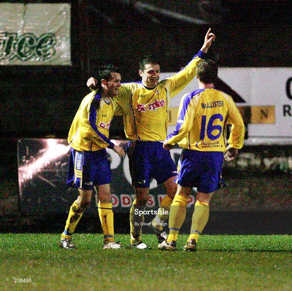 5 March 2007; Ryan McCluskey, Dungannon Swifts, celebrates scoring the first goal with team-mates David Scullion and Mark McAllister. Setanta Cup Group 2, Portadown v Dungannon Swifts, Shamrock Park, Portadown, Co. Armagh. Picture credit: Oliver McVeigh / SPORTSFILE