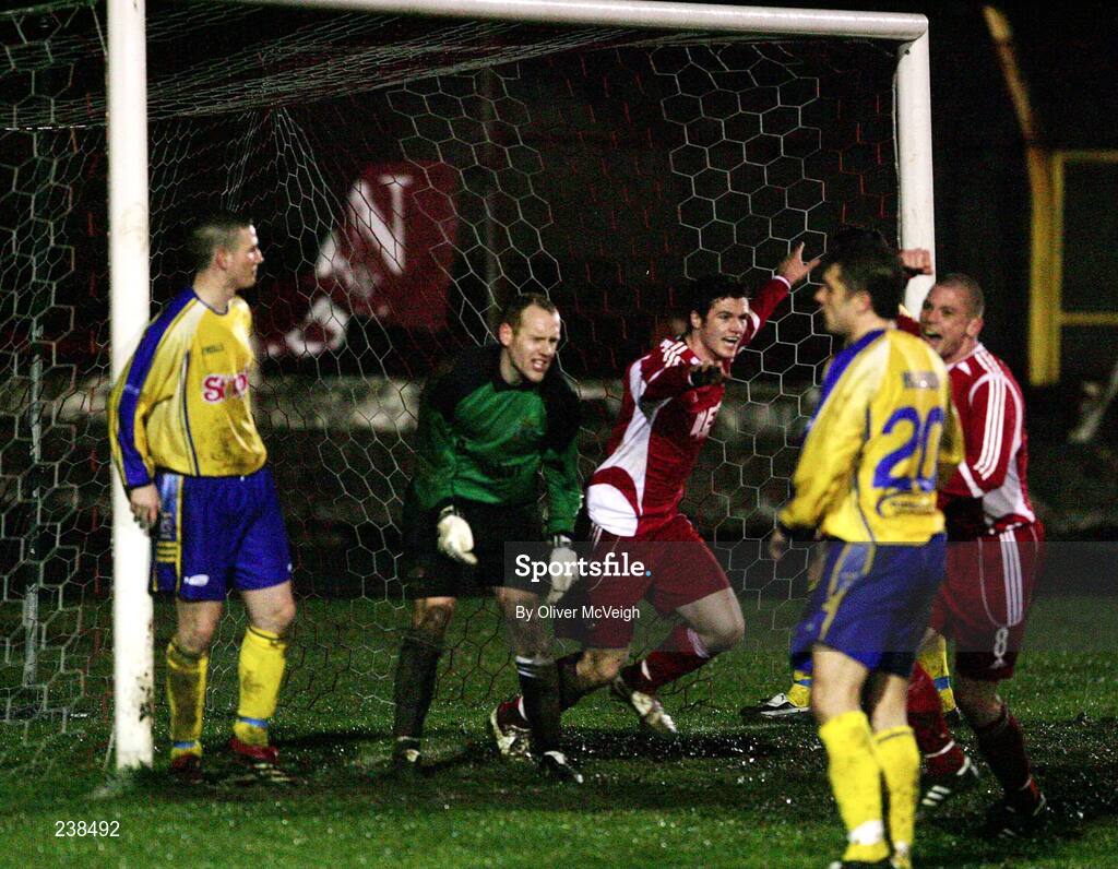 5 March 2007; Kevin Braniff, Portadown, turns to celebrate as Dwyane Nelson, Dungannon Swifts, shows his discust, after Portadowns, Gary McCutcheon scores direct from a corner. Setanta Cup Group 2, Portadown v Dungannon Swifts, Shamrock Park, Portadown, Co. Armagh. Picture credit: Oliver McVeigh / SPORTSFILE
