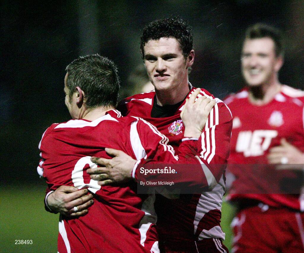 5 March 2007; Gary McCutcheon, Portadown, 9, celebrates after scoring his side's second goal with his team-mate Kevin Braniff. Setanta Cup Group 2, Portadown v Dungannon Swifts, Shamrock Park, Portadown, Co. Armagh. Picture credit: Oliver McVeigh / SPORTSFILE