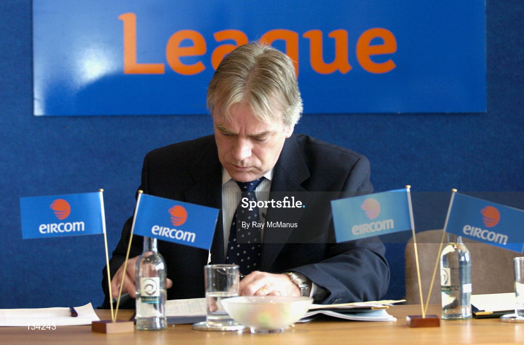 13 March 2004; Declan O'Looney, acting Chairman of the eircom League of Ireland, checks his notes ahead of the Eircom League AGM at the Clarion Hotel in the International Financial Services Centre, Dublin. Photo by Ray McManus/Sportsfile
