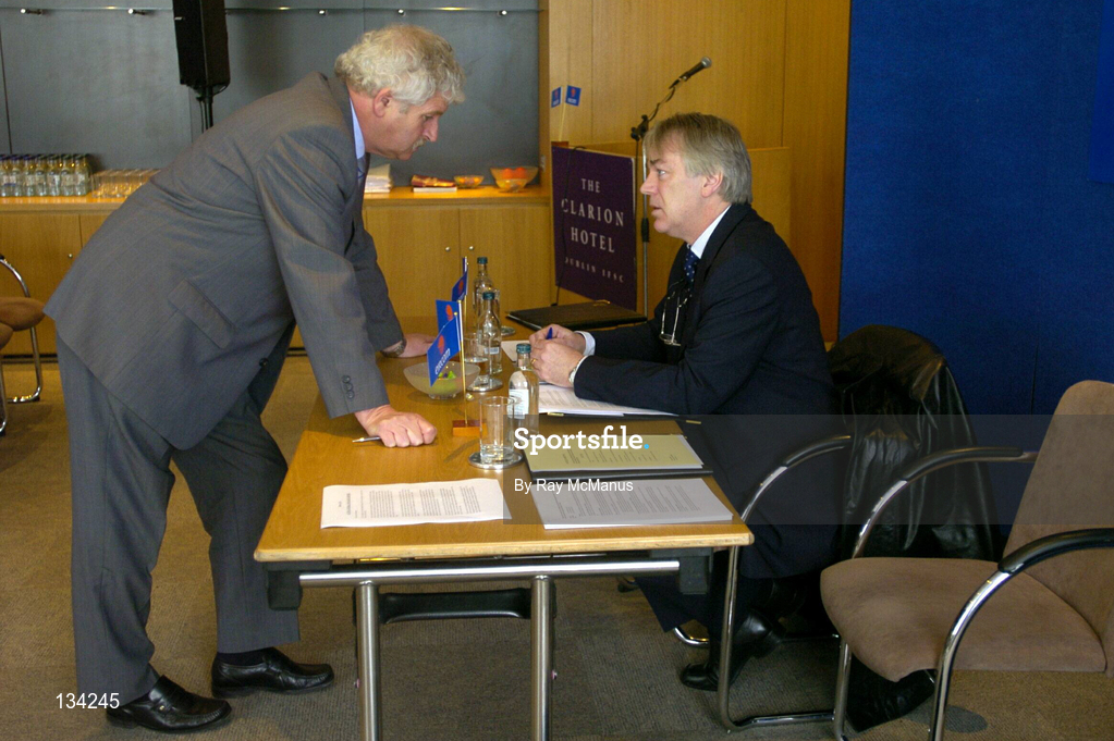 13 March 2004; Declan O'Looney, acting Chairman of the eircom League of Ireland, in conversation with the FAI President Milo Corcoran, left, ahead of the Eircom League AGM at the Clarion Hotel in the International Financial Services Centre, Dublin. Photo by Ray McManus/Sportsfile