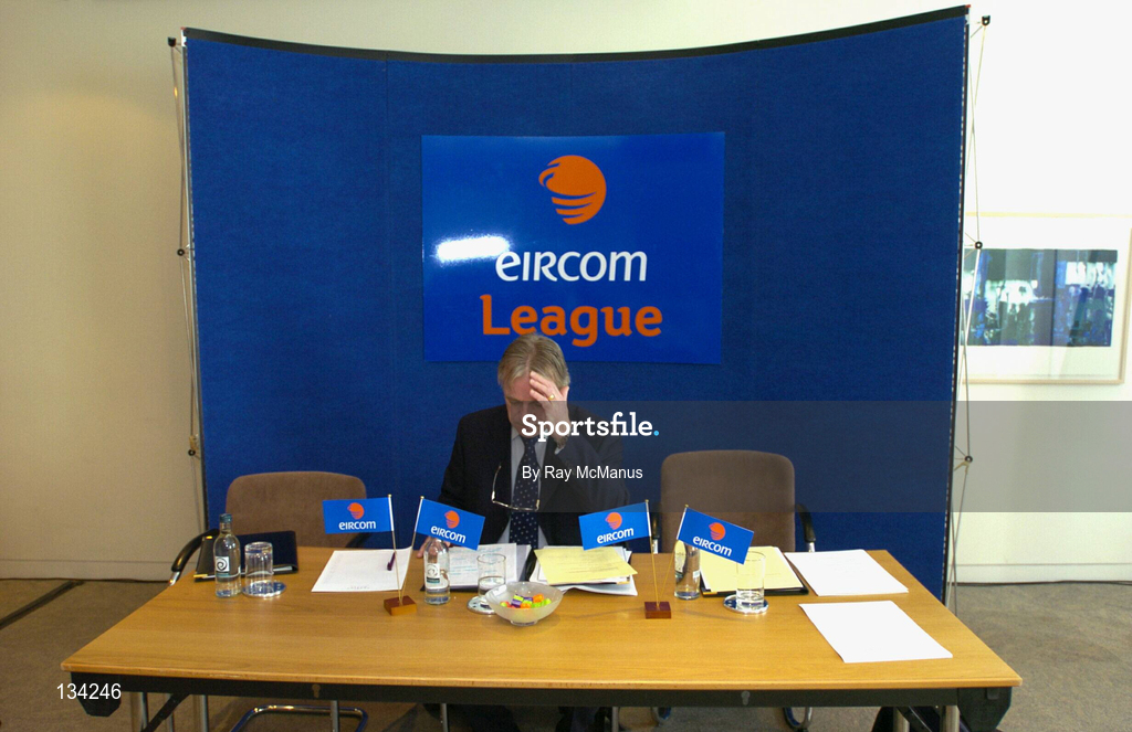 13 March 2004; Declan O'Looney, acting Chairman of the eircom League of Ireland, checks his notes ahead of the Eircom League AGM at the Clarion Hotel in the International Financial Services Centre, Dublin. Photo by Ray McManus/Sportsfile