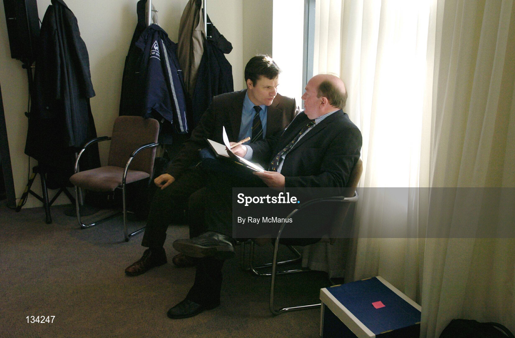 13 March 2004; John Byrne, right, a candidate for the position of Chairman of the eircom League of Ireland, in conversation with Andy O'Callaghan, St. Patrick's Athletic, ahead of the Eircom League AGM at the Clarion Hotel in the International Financial Services Centre, Dublin. Photo by Ray McManus/Sportsfile