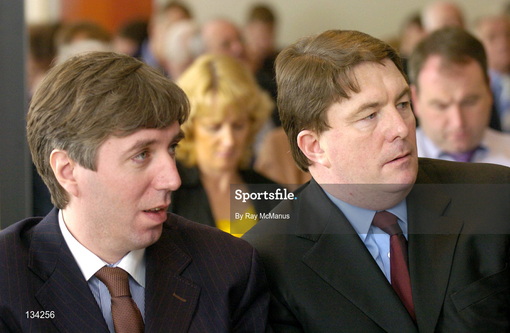 13 March 2004; FAI Treasurer John Delaney, left, and CEO Fran Rooney during the Eircom League AGM at the Clarion Hotel in the International Financial Services Centre, Dublin. Photo by Ray McManus/Sportsfile