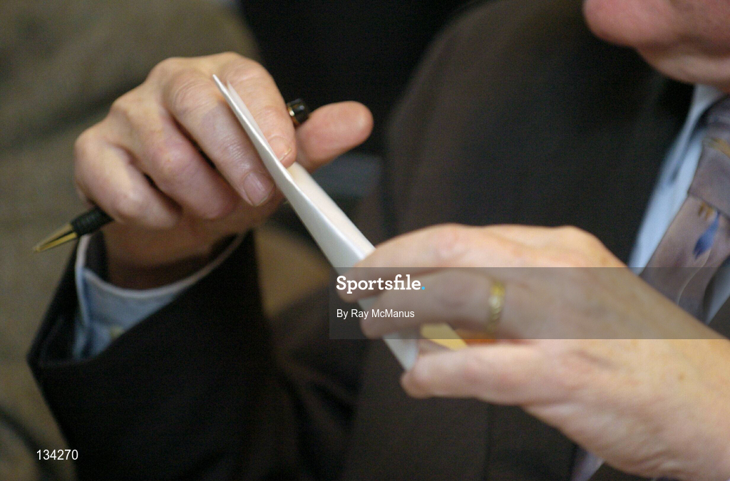 13 March 2004; A delegate prepares to hand up his club's vote in the election for the position of Chairman of the eircom League of Ireland during the Eircom League AGM at the Clarion Hotel in the International Financial Services Centre, Dublin. Photo by Ray McManus/Sportsfile