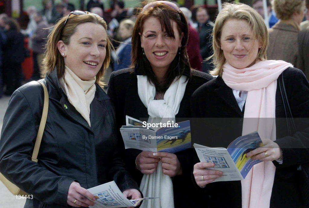 16 March 2004; Racegoers Marian Cash, right, from Rathcoffey, Maura Duignan, left, and Susan Oakes, both from Navan, ahead of racing on Day One of the Cheltenham Racing Festival at Prestbury Park in Cheltenham, England. Photo by Damien Eagers/Sportsfile