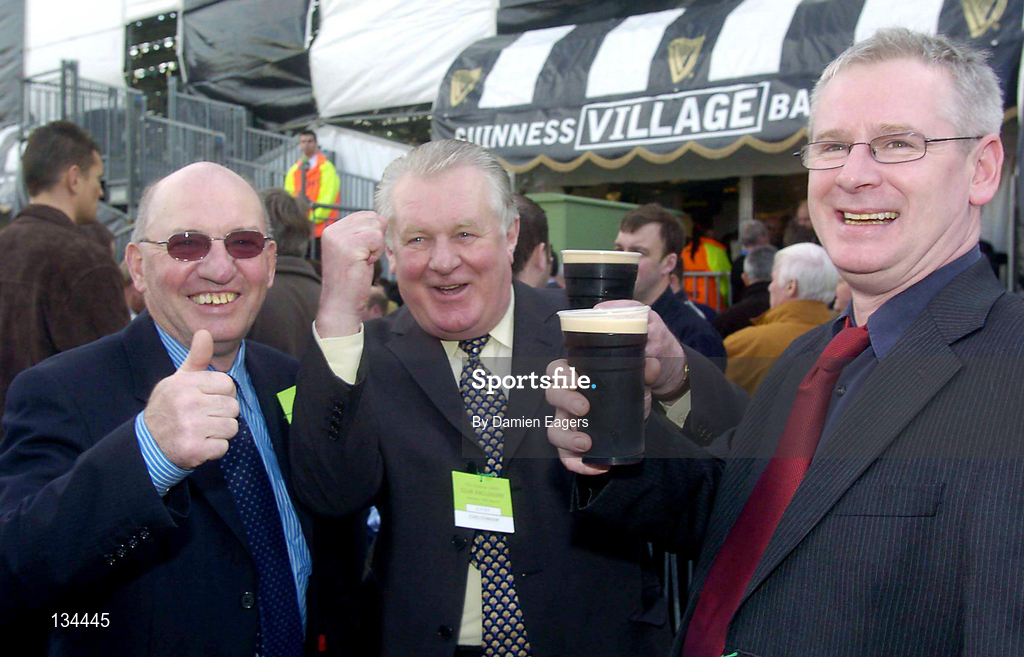 16 March 2004; Racegoers John Johnson, left, Sean Flattery, both from Roscommon, and Pat Morrissey, right, from Nenagh, Tipperary, ahead of racing on Day One of the Cheltenham Racing Festival at Prestbury Park in Cheltenham, England. Photo by Damien Eagers/Sportsfile