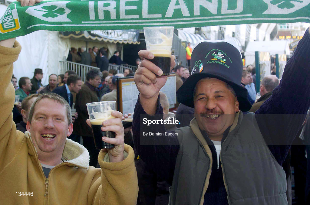 16 March 2004; Racegoers Donal Smith, left, and Rocky Lagatule, both from Downpatrick, Down, ahead of racing on Day One of the Cheltenham Racing Festival at Prestbury Park in Cheltenham, England. Photo by Damien Eagers/Sportsfile