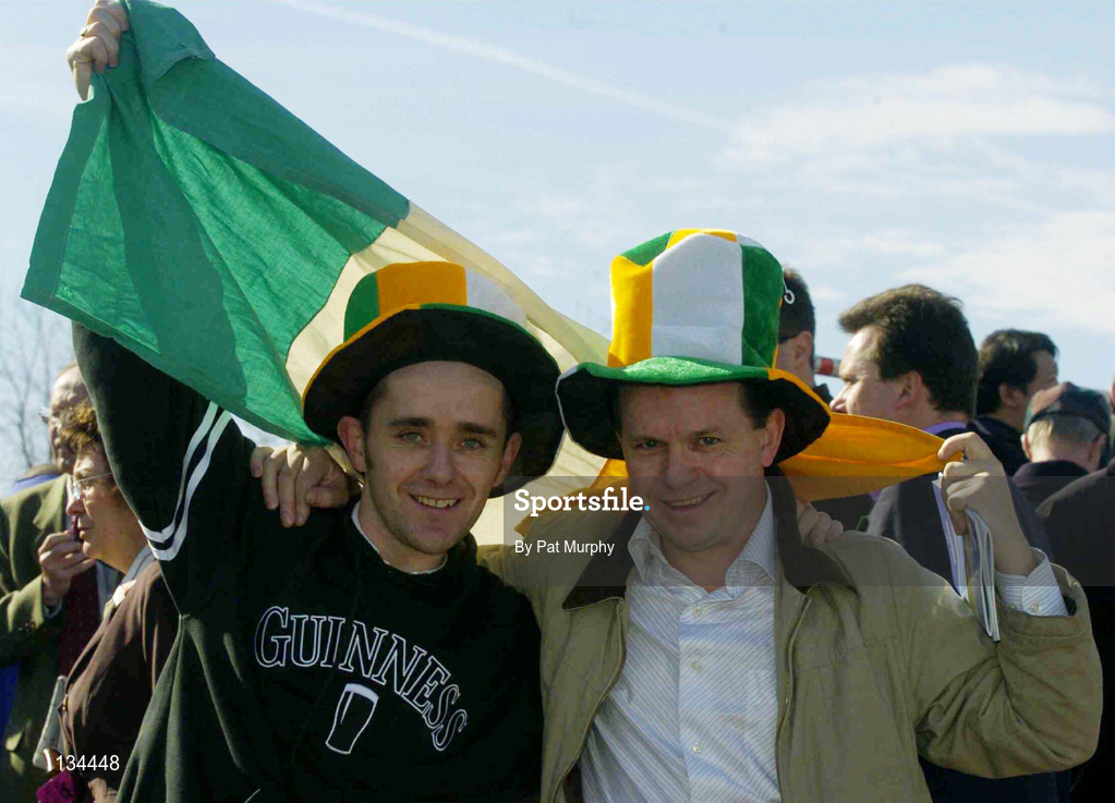 16 March 2004; Racegoers Patrick Caffrey, left, from Donaghmeade, Dublin, and Alan Uzell, from Dromiskin, Louth, ahead of racing on Day One of the Cheltenham Racing Festival at Prestbury Park in Cheltenham, England. Photo by Pat Murphy/Sportsfile