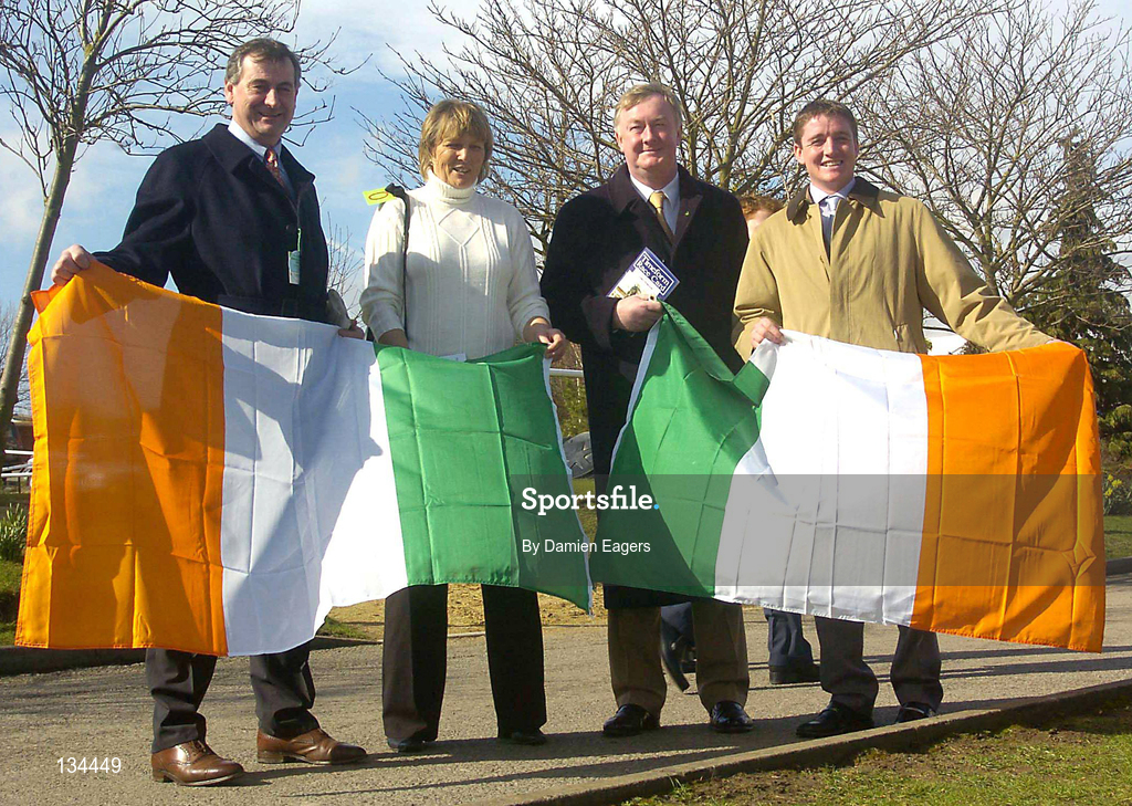 16 March 2004; Trainers Noel Meade and Jessica Harrington, Minister for Sport, Arts and Tourism, John O'Donoghue T.D. with Jockey Barry Geraghty ahead of racing on Day One of the Cheltenham Racing Festival at Prestbury Park in Cheltenham, England. Photo by Damien Eagers/Sportsfile