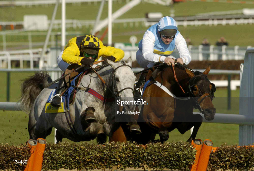 16 March 2004; Hardy Eustace, right, with Conor O'Dwyer up, jumps the last alongside eventual second place finisher Rooster Brooster, with Richard Johnson up, on their way to winning the Smurfit Champion Hurdle Challenge Trophy during Day One of the Cheltenham Racing Festival at Prestbury Park in Cheltenham, England. Photo by Pat Murphy/Sportsfile