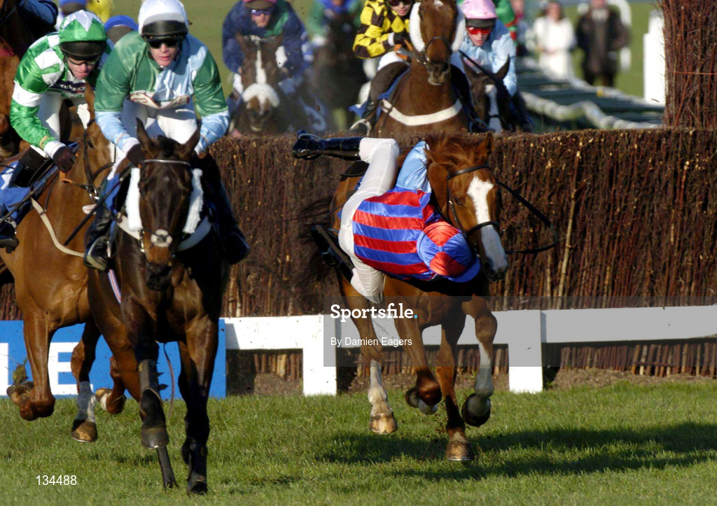 16 March 2004; Jockey Robert Widger almost falls from Prominent Profile after jumping the last, first time around, during the Fulke Walwyn Kim Muir Challenge Cup Handicap Chase during Day One of the Cheltenham Racing Festival at Prestbury Park in Cheltenham, England. Photo by Damien Eagers/Sportsfile