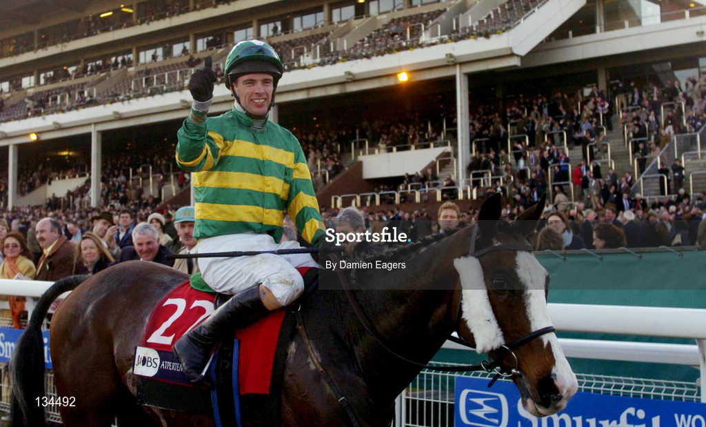 16 March 2004; Jockey Timmy Murphy celebrates after winning the Pertemps Final Handicap Hurdle on Creon during Day One of the Cheltenham Racing Festival at Prestbury Park in Cheltenham, England. Photo by Damien Eagers/Sportsfile