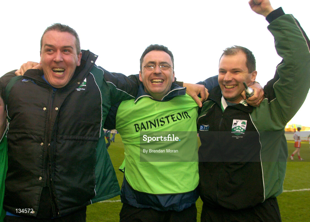 17 March 2004; The Caltra management team, from left, Frank Doherty, Gabriel Naughton and Seamus Meehan celebrate during the AIB All-Ireland Senior Club Football Championship Final between An Gaeltacht and Caltra at Croke Park in Dublin. Photo by Brendan Moran/Sportsfile