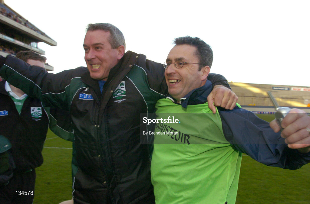 17 March 2004; Caltra managers Frank Doherty and Gabriel Naughton, right, celebrate following the AIB All-Ireland Senior Club Football Championship Final between An Gaeltacht and Caltra at Croke Park in Dublin. Photo by Brendan Moran/Sportsfile