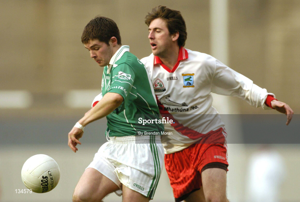 17 March 2004; Matthew Killilea of Caltra in action against Cathal O'Dubhda of An Gaeltacht during the AIB All-Ireland Senior Club Football Championship Final between An Gaeltacht and Caltra at Croke Park in Dublin. Photo by Brendan Moran/Sportsfile