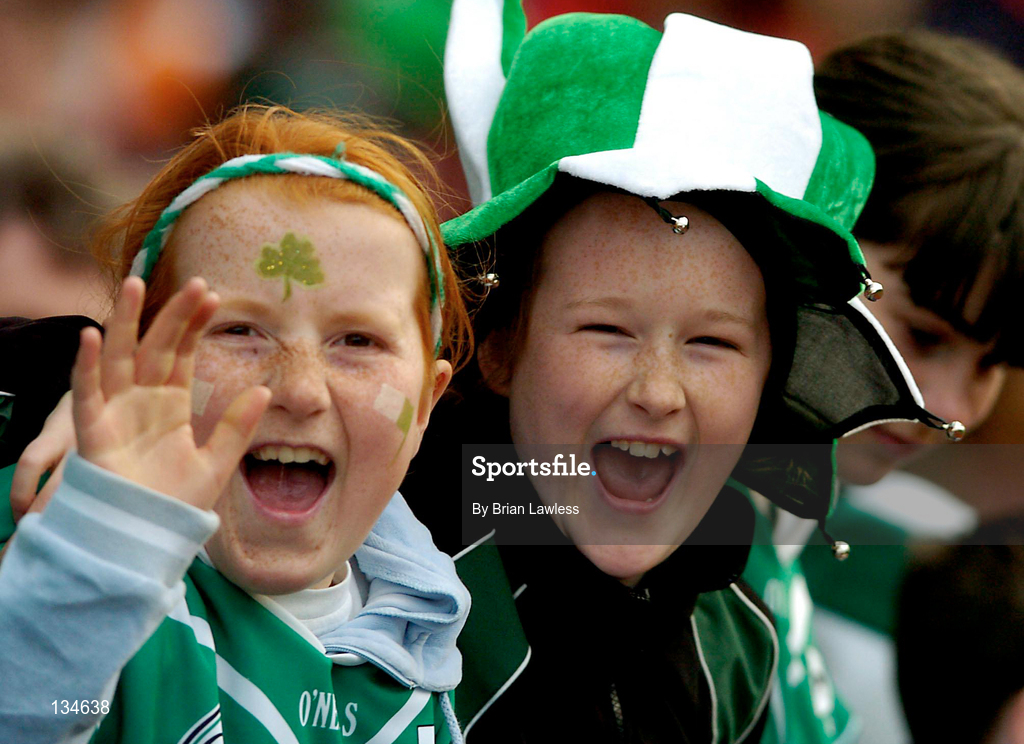 17 March 2004; Caltra supporters Aine Mannion, age 10, left, and Yvonne Hannon, age 9, both from Caltra, Athlone, during the AIB All-Ireland Senior Club Football Championship Final between An Gaeltacht and Caltra at Croke Park in Dublin. Photo by Brian Lawless/Sportsfile