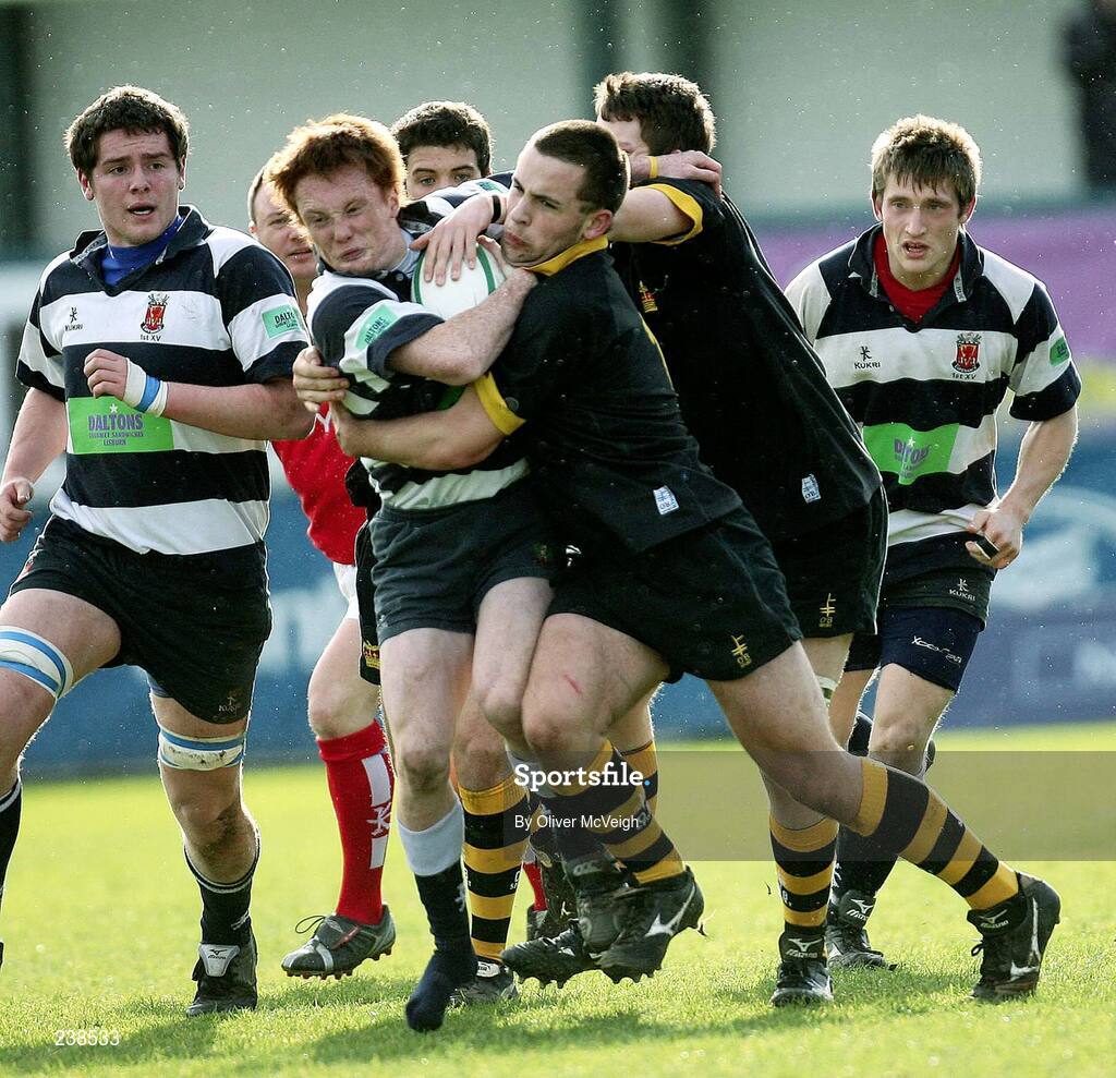 6 March 2007; Martin Hanna, Wallace High School, Lisburn, is tackled by Mark Hood, Portora Royal School, Enniskillen. Northern Bank Schools Cup Semi-Final, Portora Royal School, Enniskillen v Wallace High School, Lisburn, Ravenhill Park, Belfast, Co. Antrim. Picture credit: Oliver McVeigh / SPORTSFILE