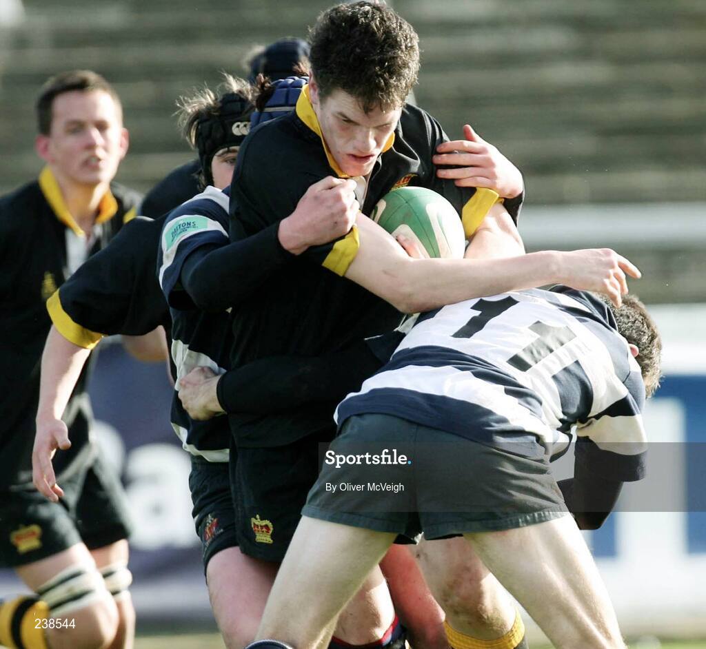 6 March 2007; Thomas McLaughlin, Portora Royal School, Enniskillen, is tackled by Michael McClean and Nevin Spence, Wallace High School, Lisburn. Northern Bank Schools Cup Semi-Final, Portora Royal School, Enniskillen v Wallace High School, Lisburn, Ravenhill Park, Belfast, Co. Antrim. Picture credit: Oliver McVeigh / SPORTSFILE